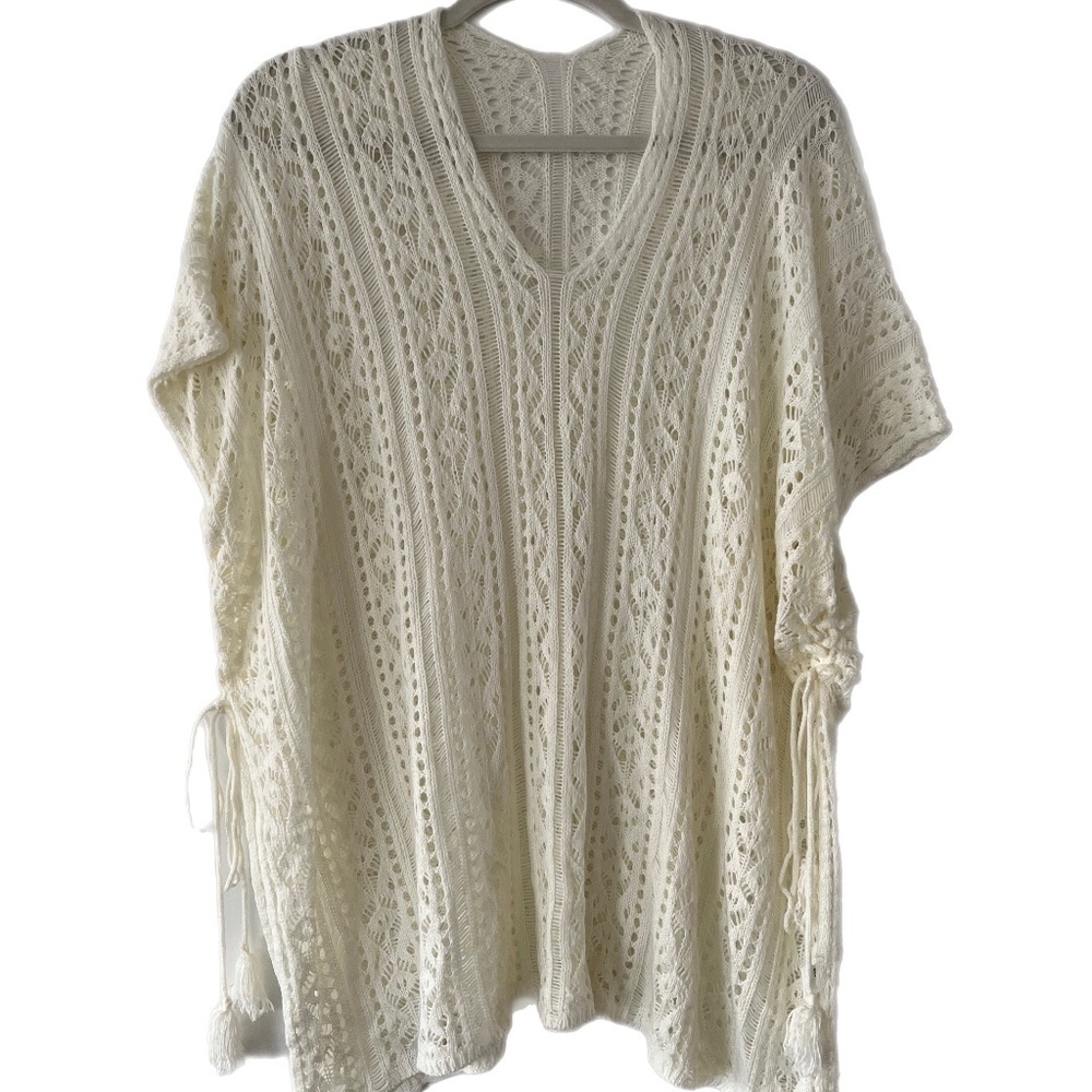 Crochet Poncho Boho side drawstrings Coverlet minimalist beach hippie chic